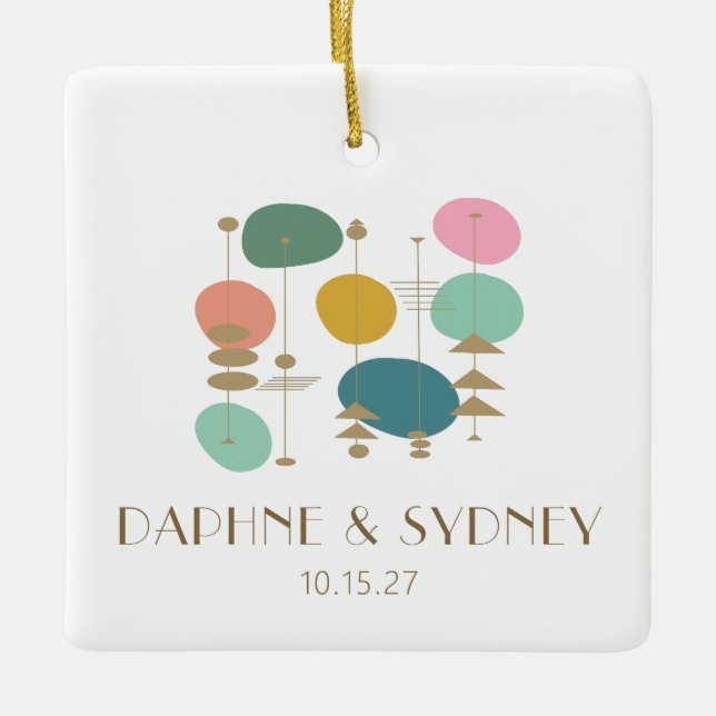 Retro Mid Century Modern Personligt bröllp Photo Julgransprydnad Keramik (Framsida)