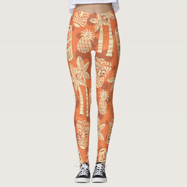 Retro Mid Century Modern Tiki Mönster Leggings (Framsida)