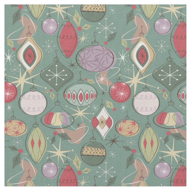 Retro Mid Century Ornament Fabric, Grönt Tyg (Närbild)