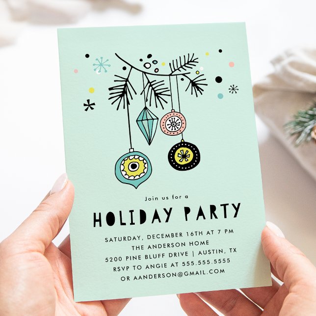 Retro Mid Century-ornamenter Mint Holidayfest Inbjudningar (Skapare uppladdad)