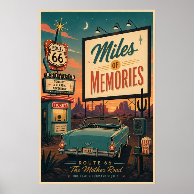 Retro Mid Century Route 66 Drive In Poster (Framsidan)