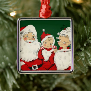 Retro Mid-Century Santa-familj – Kitsch Claus Julgransprydnad Metall