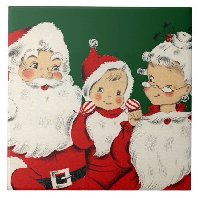 Retro Mid-Century Santa-familj – Kitsch Claus Kakelplatta (Framsidan)