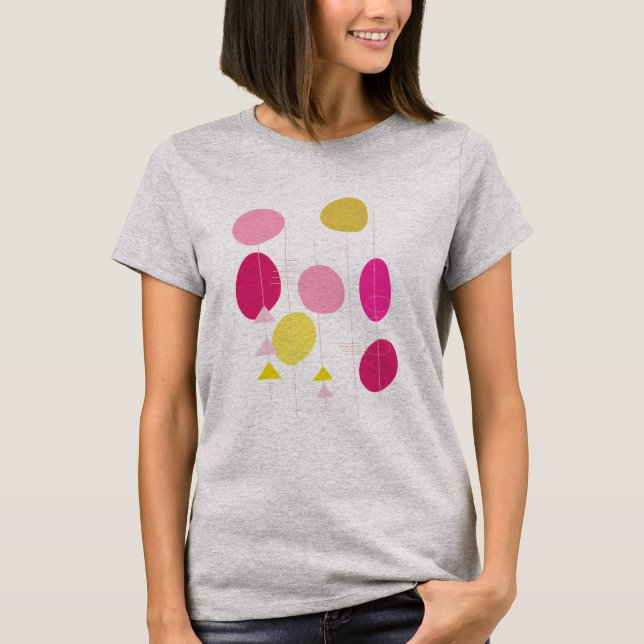 Retro Mid-Mod Geometric Shapes Rosa och Gult T Shirt (Framsida)