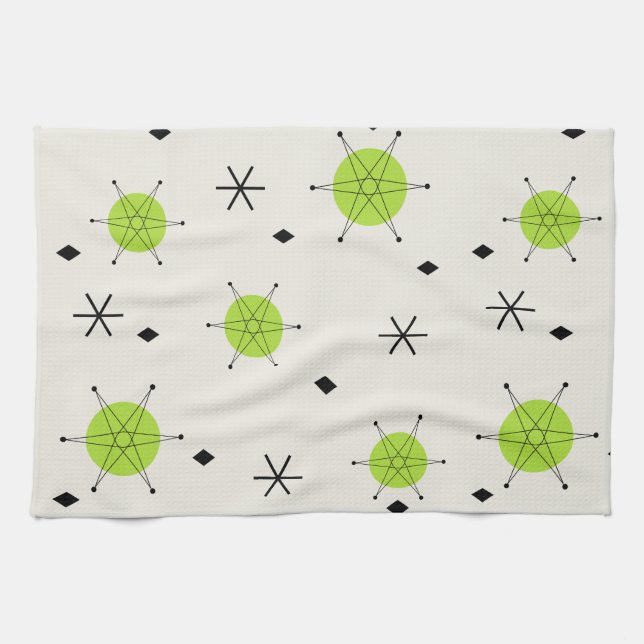 Retro Mid Mod Stjärnbursts Himmel Chartreuse Kökshandduk (Horisontell)
