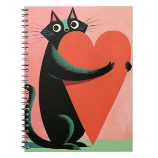 Retro Midcentury Svart Katt Hjärta Sött Anteckningsbok