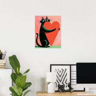 Retro Midcentury Svart Katt som kramar ett hjärta Poster
