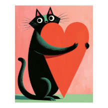 Retro Midcentury Svart Katt som kramar ett hjärta