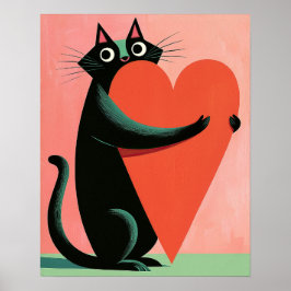 Retro Midcentury Svart Katt som kramar ett hjärta Poster