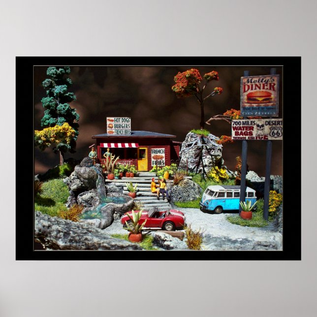 Retro Middag, 50:s miniatyr middag diorama vid väg Poster (Framsidan)