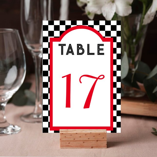 Retro Middag Checkerboard Red Black & White Bordsnummer (Retro Diner Checkerboard Red Black & White Table Number)