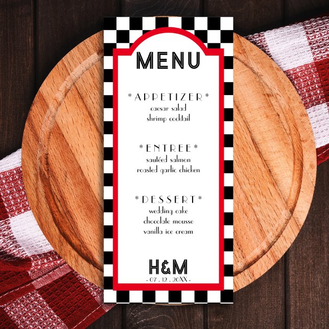 Retro Middag Checkerboard Red Wedening Reception Meny (Retro Diner Checkerboard Red Wedding Reception Menu)