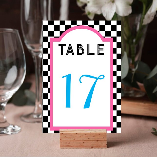 Retro Middag Checkerboard Rosa Blue Black & White Bordsnummer (Retro Diner Checkerboard Pink Blue Black & White Table Number)