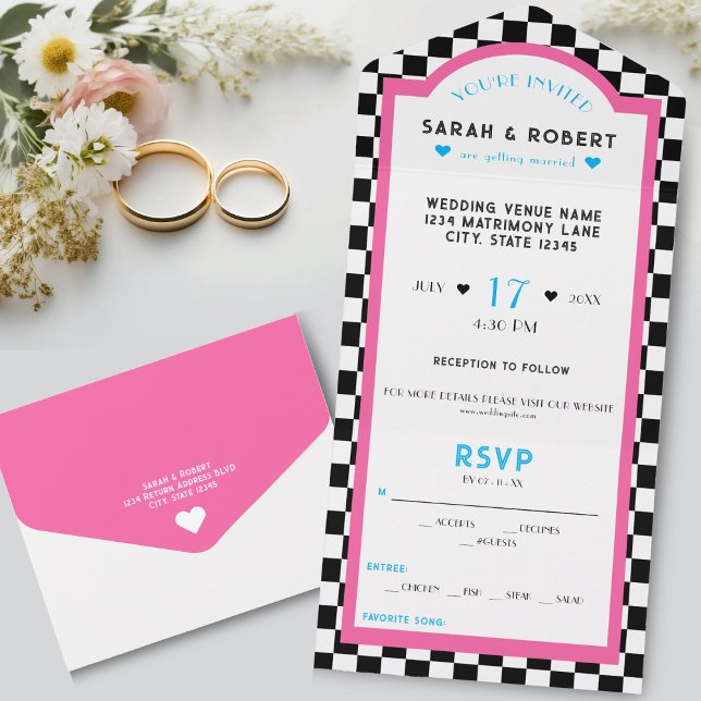 Retro Middag Checkerboard Rosa & Blue Bröllop (Retro Diner Checkerboard Pink & Blue Wedding All In One Invitation)