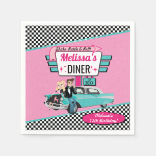 Retro Middag Teal från 1950, Rosa Birthday Pappersservett