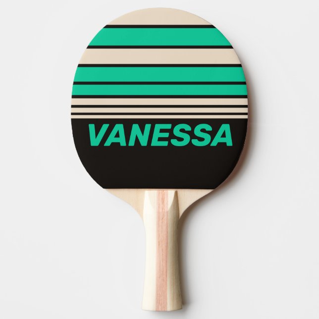 Retro Midnatt Mint Horisontell Randig med Namn Pingisracket (Framsidan)