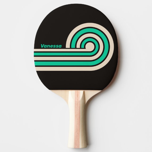 Retro Midnatt Mint Lockiga Ränder med Namn Pingisracket (Framsidan)