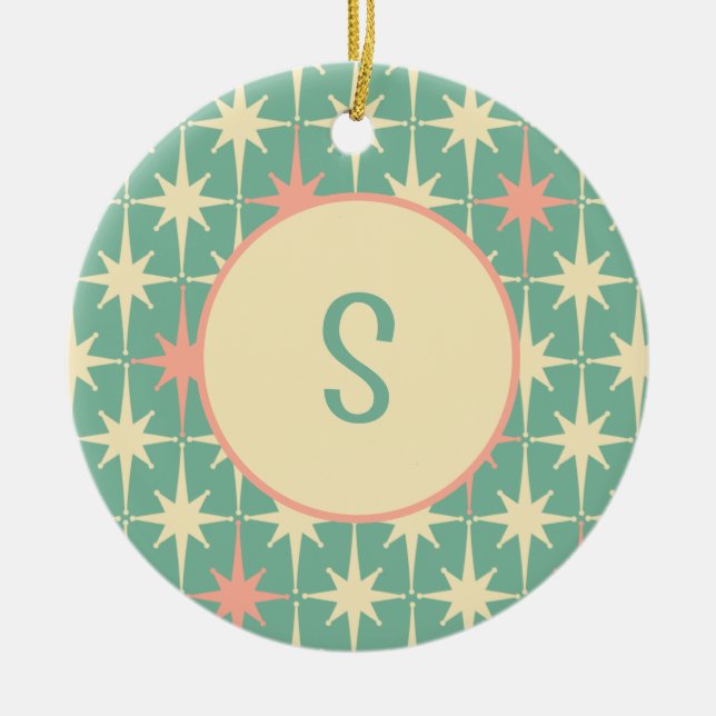 Retro Midsekel Star Mönster Rosa Teal w/ Initial Julgransprydnad Keramik (Framsidan)