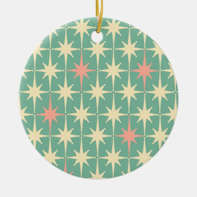 Retro Midsekels Star Mönster Rosa och Teal Mint Julgransprydnad Keramik (Framsidan)