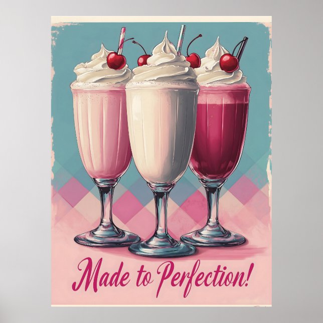 Retro Milkshake Trio med Cherries and Cream Poster (Framsidan)