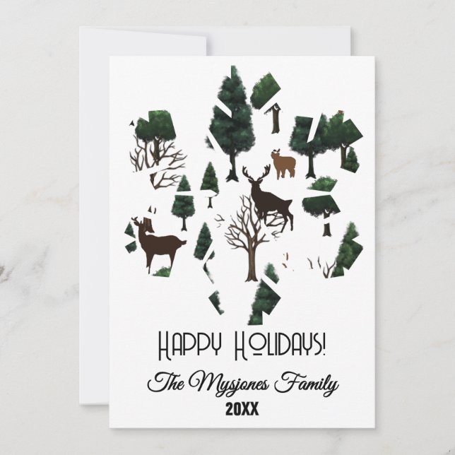 Retro minimalist hjort bland högtids träd julkort (Framsida)