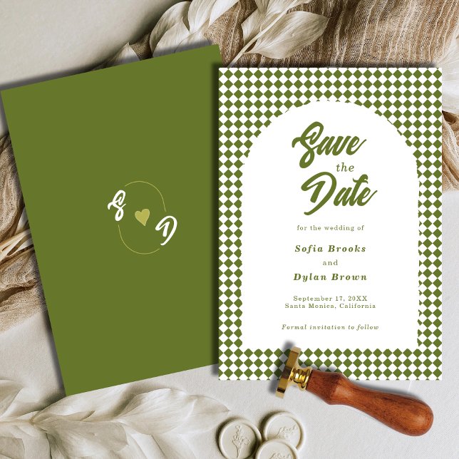 Retro Minimalist Olive green Arch Checker Wedding Spara Datumet (Skapare uppladdad)