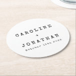 Retro Minimalist White Typewriter Personligt bröll Underlägg Papper Rund<br><div class="desc">Papper för Retro Minimalist Typewriter Font Personligt bröllp Round Underlägg i vitt</div>
