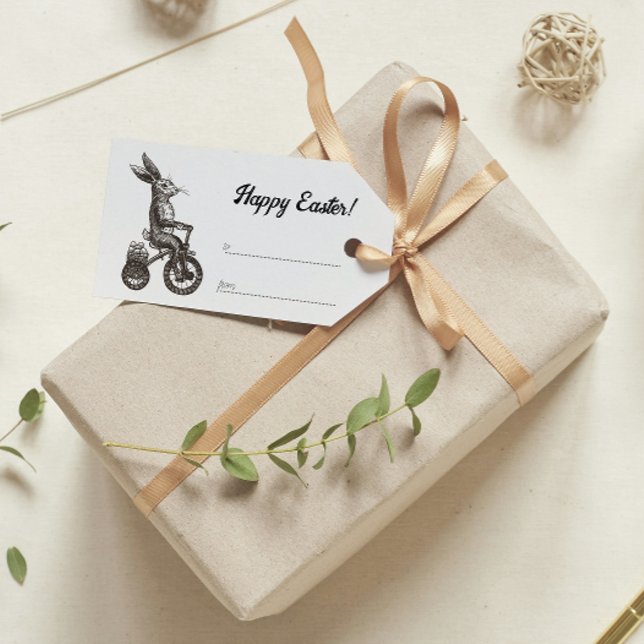 Retro Minimalistic Bunny Bike Egg Basket Påsk Presentetikett (Skapare uppladdad)