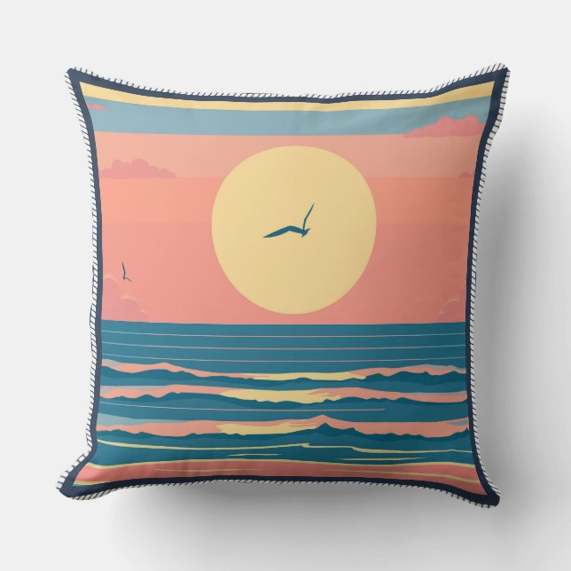 Retro minimalistisk strand solnedgång havsvågor kudde (Framsida)