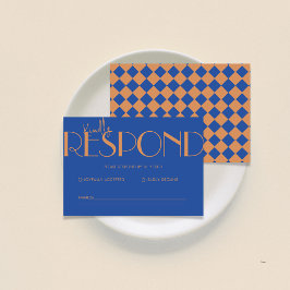 Retro Minimalistiskt utcheckat Mönster Blue Bröllo OSA Kort