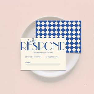 Retro Minimalistiskt utcheckat Mönster Blue Bröllo OSA Kort