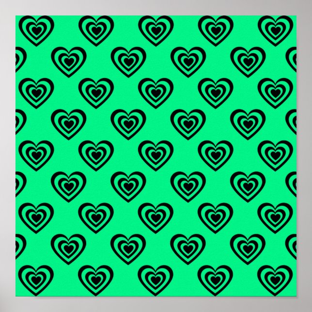 Retro Mint Grönt Hypnotic Heart Mönster Poster (Framsidan)