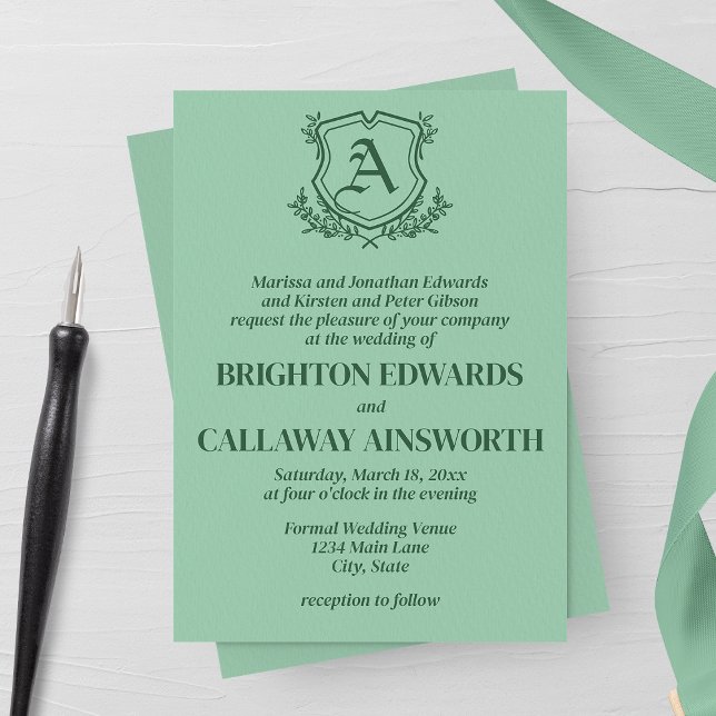 Retro Mint Löv och Blommigt Monogram Bröllop Inbjudningar (Skapare uppladdad)