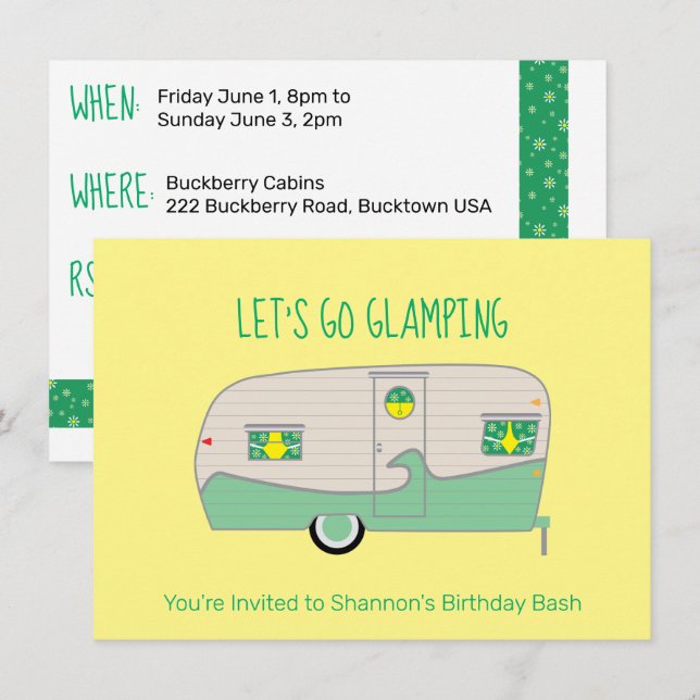 Retro Mintgrön Konservburkshamstrailer Glamping Inbjudningar (Fram/baksida)
