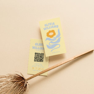 Retro Mjuk Färgrik QR-kod Boho Groovy Blommig Visitkort