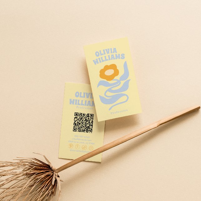 Retro Mjuk Färgrik QR-kod Boho Groovy Blommig Visitkort (Skapare uppladdad)