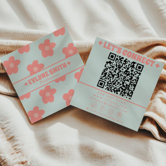 Retro Mjuk Rosa Blå QR-kod Groovy Blommig Tjejig Fyrkantigt Visitkort