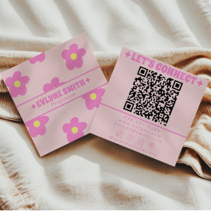 Retro mjuk rosa QR-kod Groovy blommig girlly Boho Fyrkantigt Visitkort
