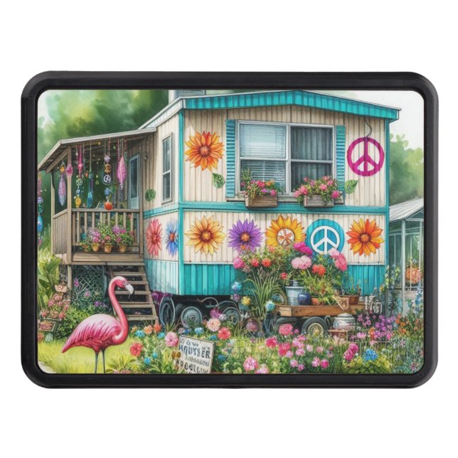 Retro Mobile Home Peace, Kärlek och kröda växter Dragkroksskydd (Framsidan)