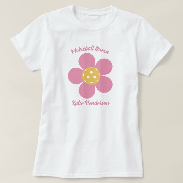 Retro Mod 70s Pickleball Flower-Personlig T Shirt (Design framsida)