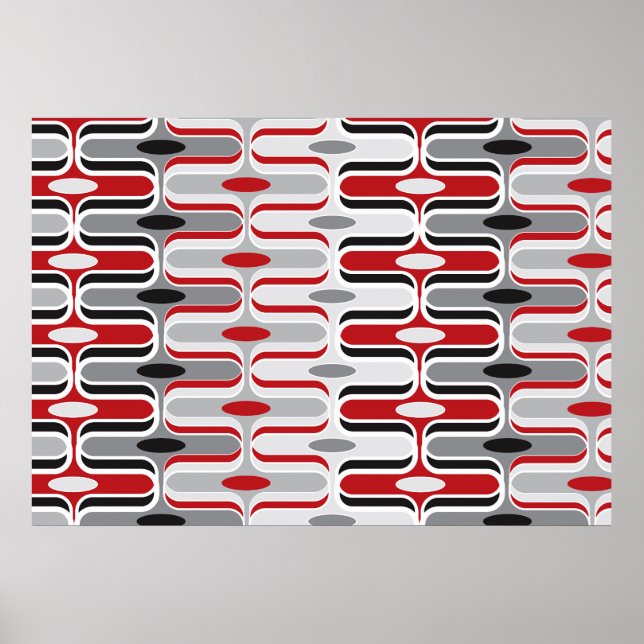Retro Mod Art Deco Zig Funky Mönster Red Black Poster (Framsidan)