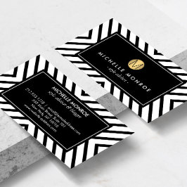 Retro Mod Black and White Mönster Guld Monogram II Visitkort
