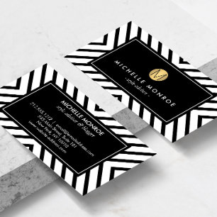 Retro Mod Black and White Mönster Guld Monogram II Visitkort