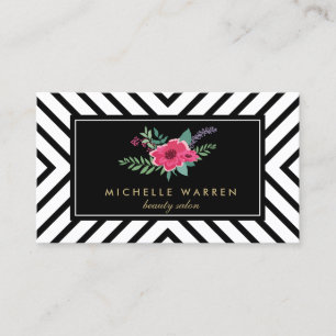 Retro Mod Black and White Mönster Rosa Flowers Visitkort