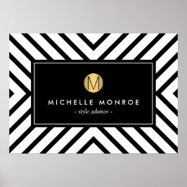 Retro Mod Black and White Pattern Gold Monogram Poster