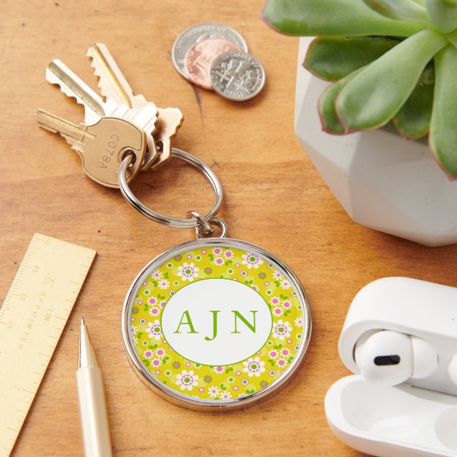 Retro Mod Blommor Gul & Vit Monogram Rund Silverfärgad Nyckelring (Skrivbord)