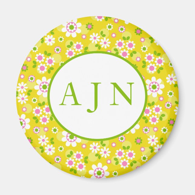 Retro Mod Flowers Gult & White Monogram Magnet (Framsidan)
