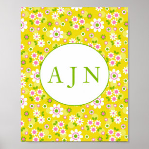 Retro Mod Flowers Gult & White Monogram Poster