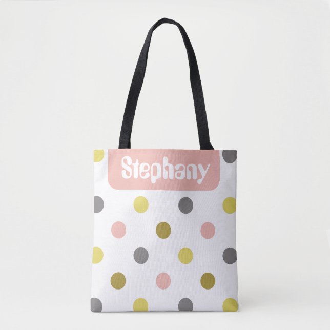 Retro Mod Polka Dots Pink Yellow Name Personalized Tygkasse (Framsida)