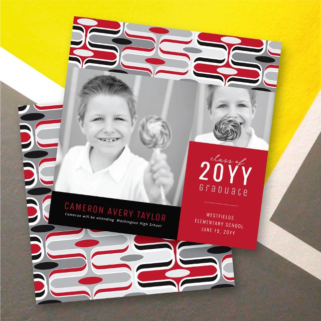 Retro Mod Red & Black Ogee 2 Photo Studenten Meddelande (Retro Mod Pink & Mint Green Ogee Zig Zag, 2 Photo Graduation Invitation @ zazzle.com/color_therapy)